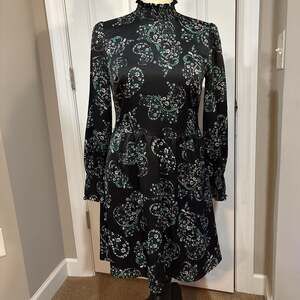 LOFT Black & Green High Neck Ruffle Dress Vintage Look Long Sleeve SZ 6